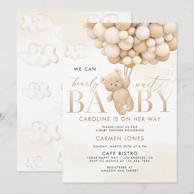 Nalle med Balloons Baby Shower-inbjudan Inbjudningar (Fram/baksida)