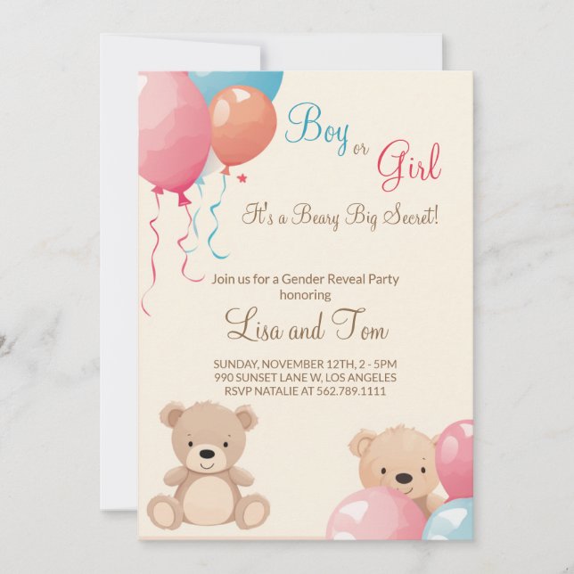 Nalle med Balloons Boy eller Girl Gender Reveal Inbjudningar (Framsida)