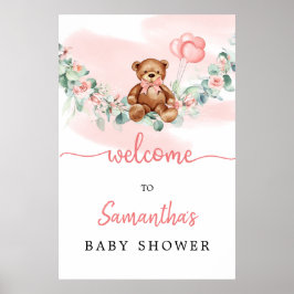 Nalle med Baloons Greenery Girl Welcome Sign Poster