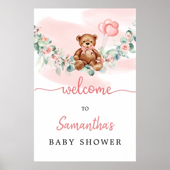 Nalle med Baloons Greenery Girl Welcome Sign Poster (Framsidan)