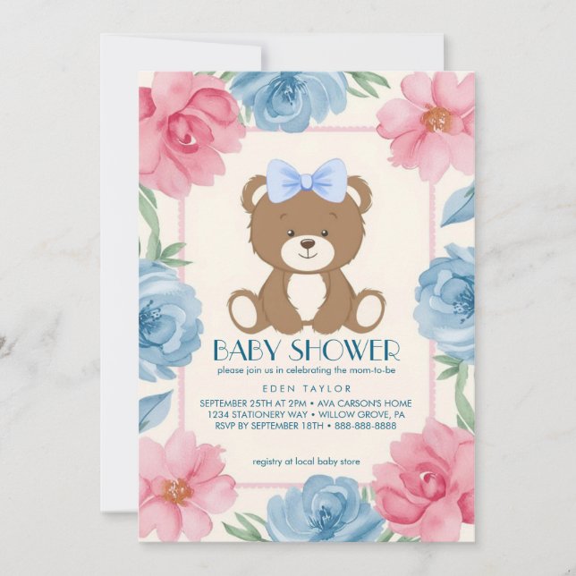 Nalle med blå babydusch inbjudningar (Framsida)