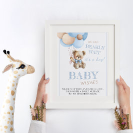 Nalle med blå ballonger för babydusch poster
