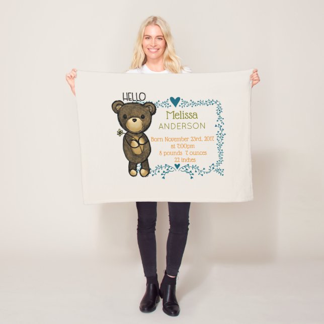 Nalle med blått Blommigt Utandning Baby Fleecefilt (På plats)