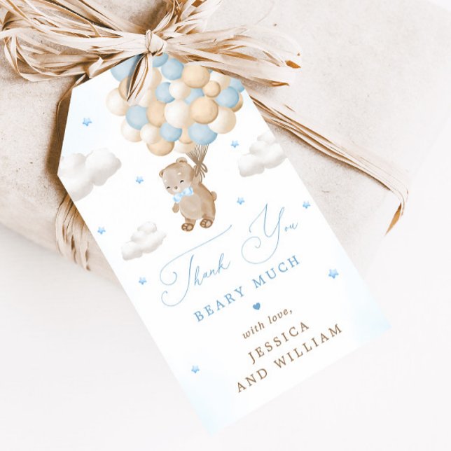Nalle med Blue Balloons Baby Shower Presentetikett (Skapare uppladdad)