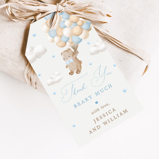 Nalle med Blue Balloons Baby Shower Presentetikett (Skapare uppladdad)