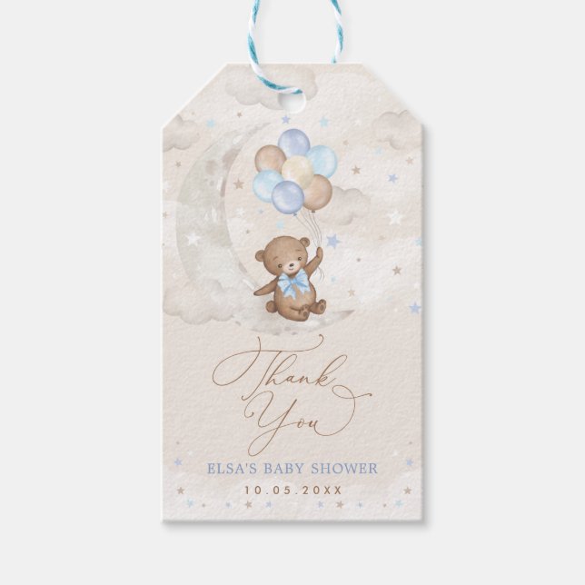 Nalle med Blue Brown Balloons på Måne Presentetikett (Framsidan)