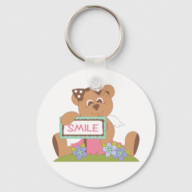 Nalle med Bow Holding Smile Sign Nyckelring (Framsida)
