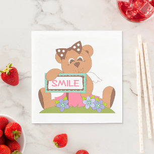 Nalle med Bow Holding Smile Sign Pappersservett