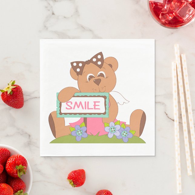 Nalle med Bow Holding Smile Sign Pappersservett (Skapare uppladdad)