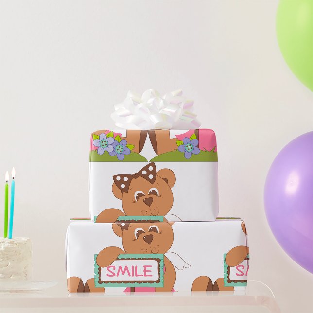 Nalle med Bow Holding Smile Sign Presentpapper (Skapare uppladdad)