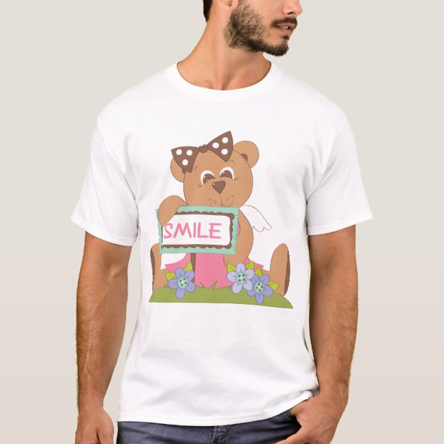 Nalle med Bow Holding Smile Sign T Shirt (Framsida)