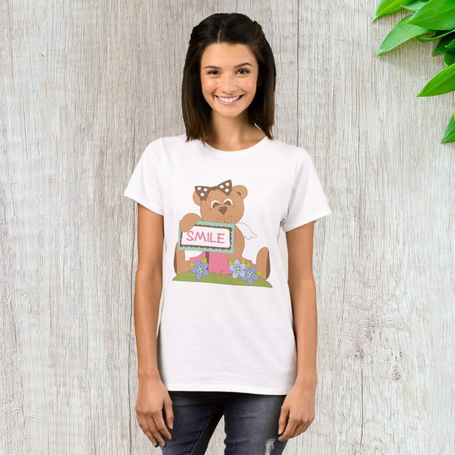 Nalle med Bow Holding Smile Sign T Shirt (Skapare uppladdad)