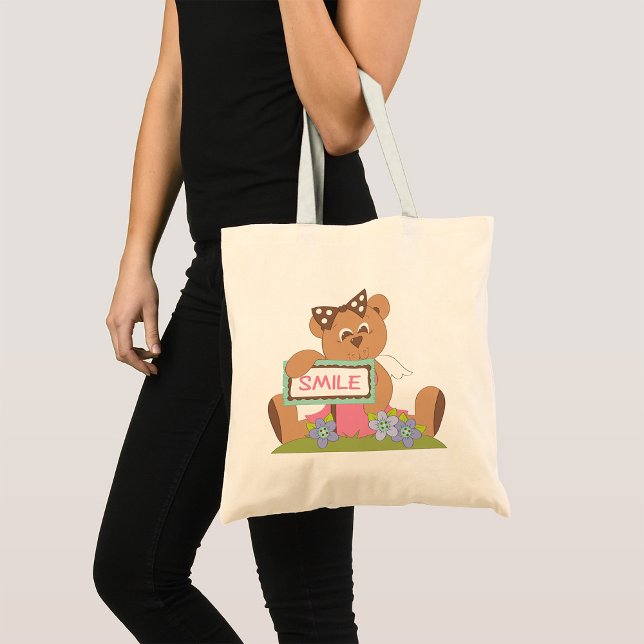 Nalle med Bow Holding Smile Sign Tygkasse (Skapare uppladdad)