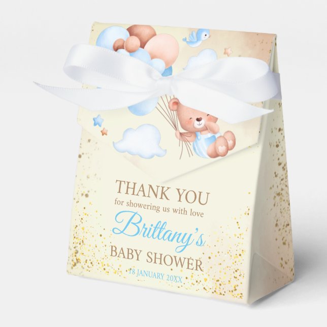 Nalle med bruna och blå ballonger och moln presentaskar (Framsidan Sidan)