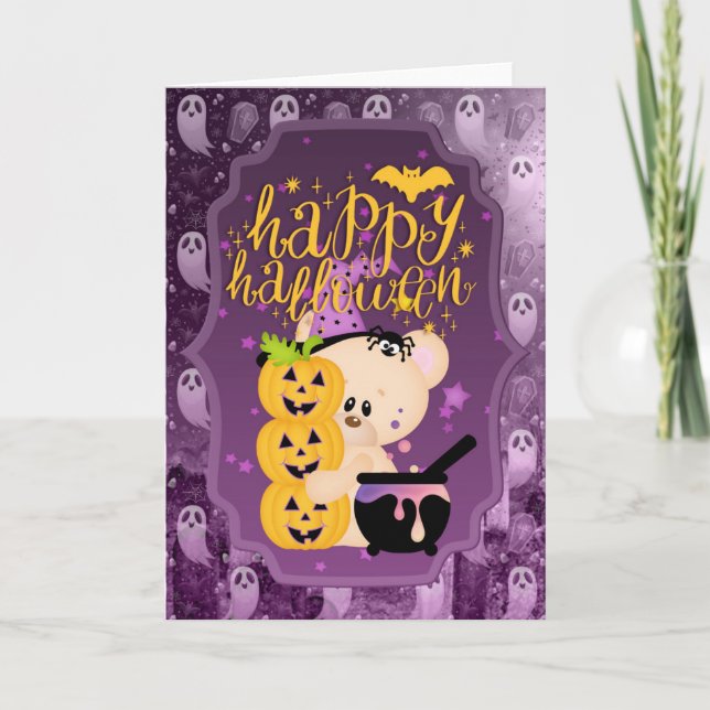 Nalle med Cauldron - Happy halloween Kort (Framsida)