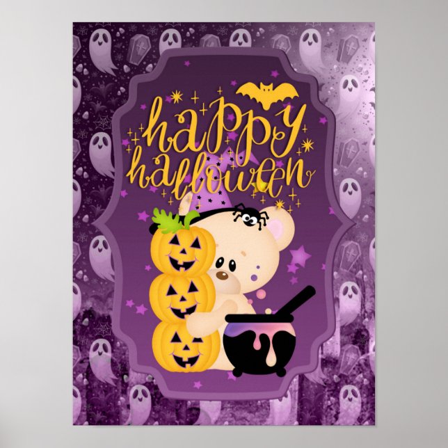 Nalle med Cauldron - Happy halloween Poster (Framsidan)