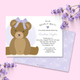 Nalle med Cute Lila Bow Girl Baby Shower Inbjudningar