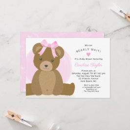 Nalle med Cute Rosa Bow Flicka Shower Inbjudningar