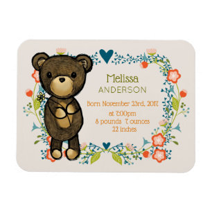 Nalle med Finare Blommigt baby födelse Magnet