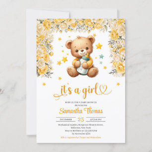 Nalle med flickan baby flaska gula blommor inbjudningar