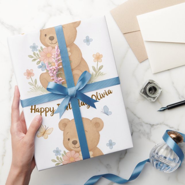 Nalle med Flowers Personlig Birthday Gift Presentpapper (Gifting)