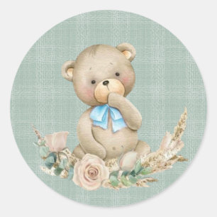 Nalle med Greenery Rosa ros Boy Baby Shower Runt Klistermärke