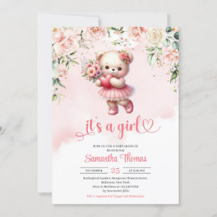 Nalle med hjärta och blommor inbjudningar