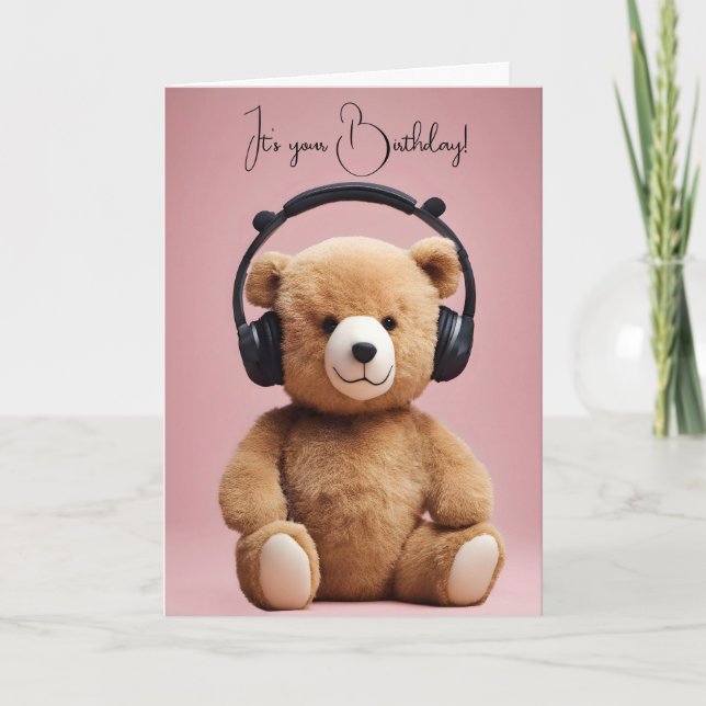 Nalle med hörlurar kort (Framsida)