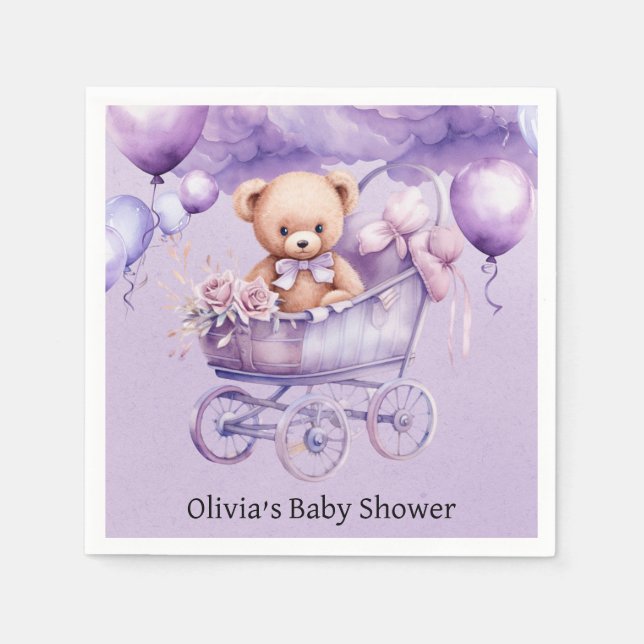 Nalle med Lavender Carriage Girl Baby Shower Pappersservett (Framsidan)