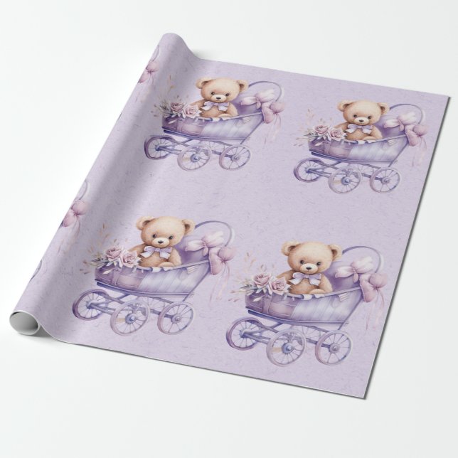Nalle med Lavender Carriage Girl Baby Shower Presentpapper (Utrullad)