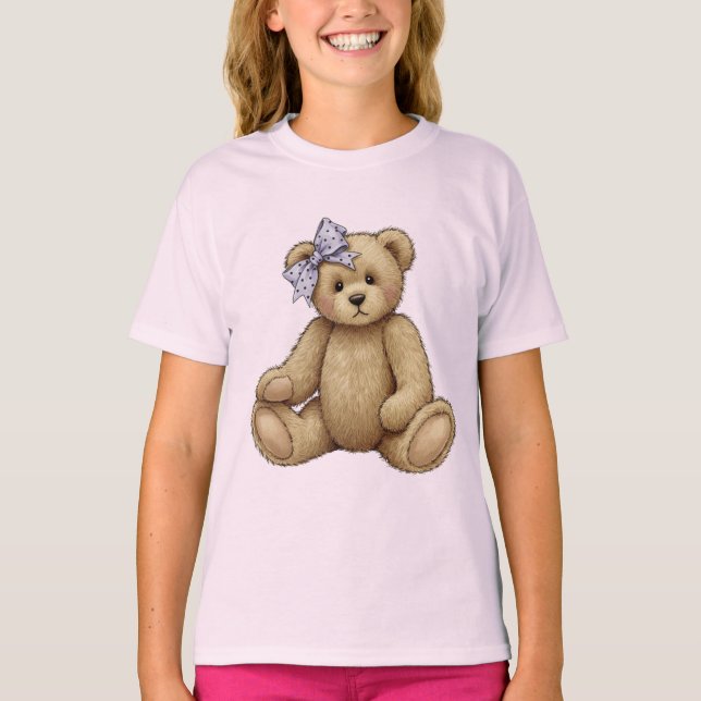 Nalle med Lilac Bow T Shirt (Framsida)