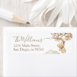 Nalle med Neutralten Balloon Baby Shower Returadress Etikett