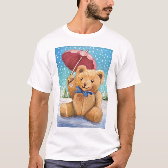 Nalle med Parasol-jul - svart Tee Shirt (Framsida)
