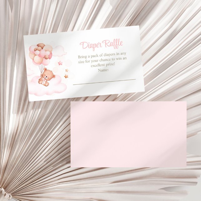 Nalle med Rosa Ballonger Försämring av skogar Tilläggskort (Teddy Bear with Pink Balloons Diaper Raffle Enclosure Card on a white dry palm leaf.)