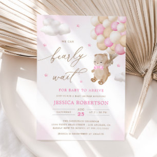 Nalle med Rosa Ballons Baby Shower Inbjudningar