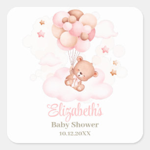 Nalle med Rosa Balloons Baby Shower Fyrkantigt Klistermärke