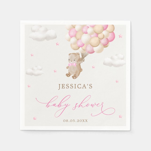 Nalle med Rosa Balloons Baby Shower Pappersservett (Framsidan)