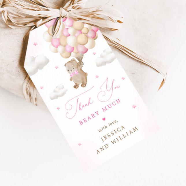 Nalle med Rosa Balloons Baby Shower Presentetikett (Skapare uppladdad)