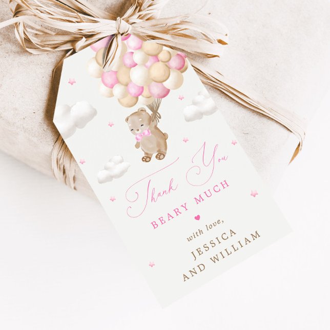 Nalle med Rosa Balloons Baby Shower Presentetikett (Skapare uppladdad)