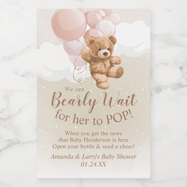 Nalle med Rosa Balloons Mini Vin-etikett Vinetikett (Enkel etikett)