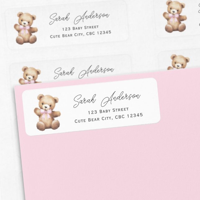 Nalle med Rosa Ribbon Flicka Shower Returadress Etikett (Pink Teddy Bear Return Labels.)