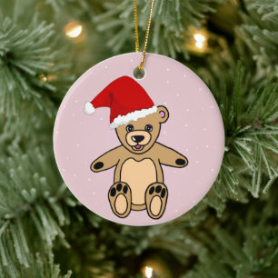 Nalle med Santa Hat Rosa Kids Julgransprydnad Keramik