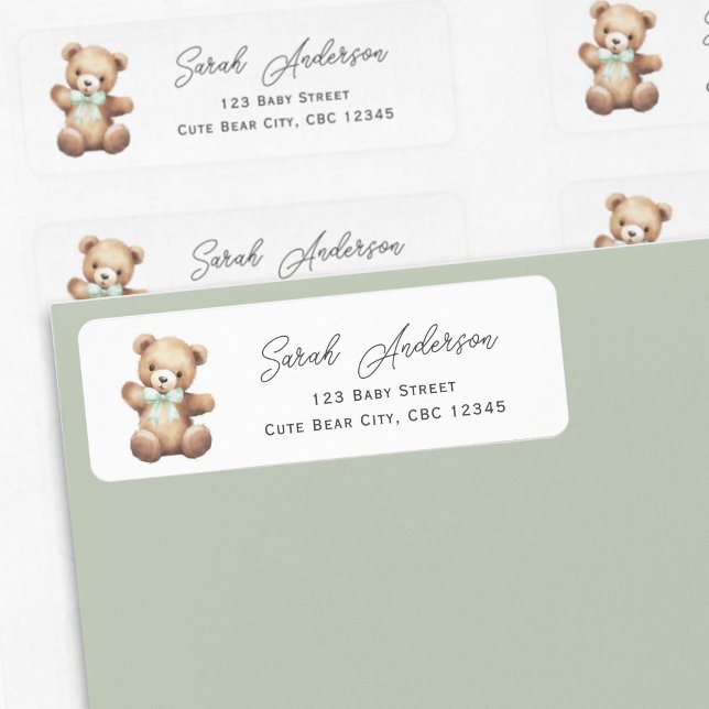 Nalle med skärmdump för Sage Grönt Returadress Etikett (Sage Green Teddy Bear Return Labels.)