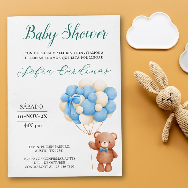 Nalle med spansk babyskor vit med ballonger inbjudningar (Teddy Bear With Balloons Spanish Baby Shower White Invitation)