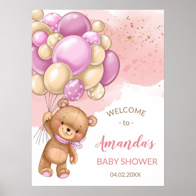 Nalle med välkomstskylt för Rosa Balloons Poster (Framsidan)