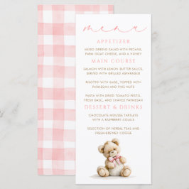 Nalle menykort med rosa gingham-mönster meny