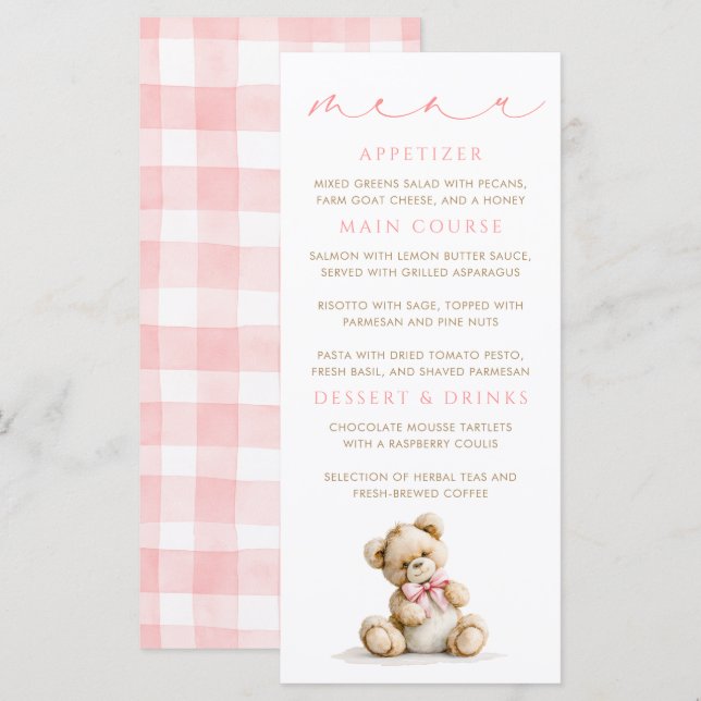 Nalle menykort med rosa gingham-mönster meny (Fram/baksida)