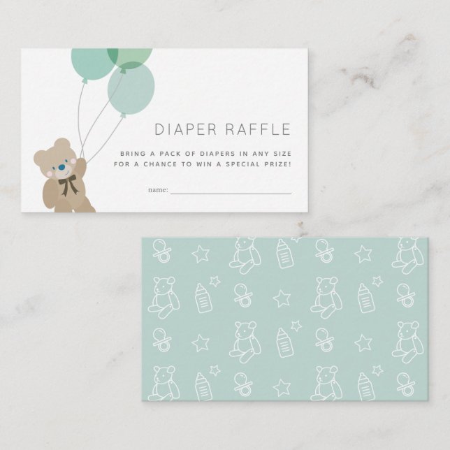 Nalle Mint Baby Shower Diaper Raffle Ticekt Tilläggskort (Fram/baksida)