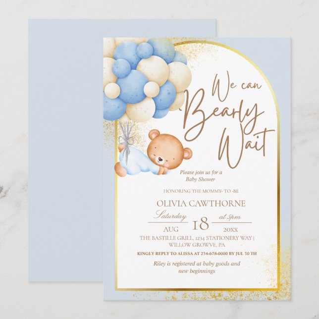 Nalle Modern Blue Guld Baby Shower Inbjudningar (Fram/baksida)