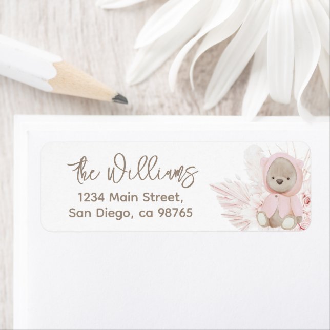 Nalle Modern Boho Girl Baby Shower Returadress Etikett (Insitu)